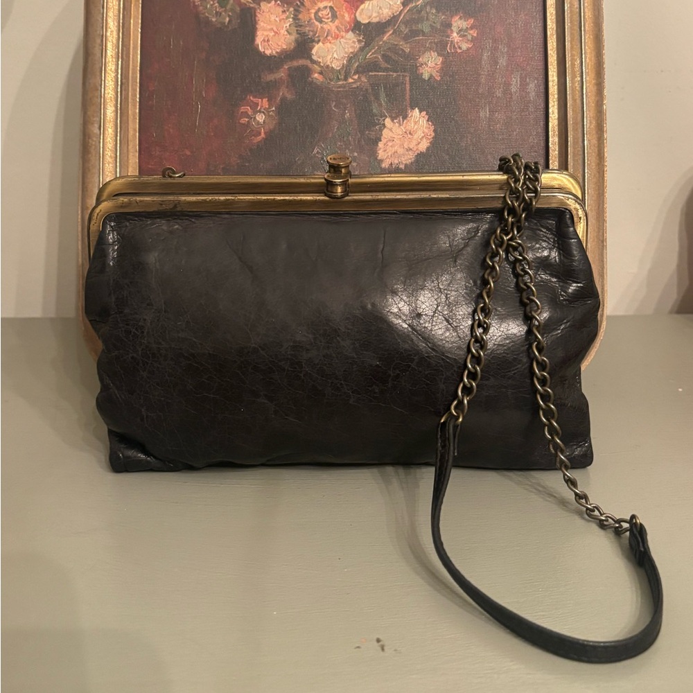 HOBO Black Leather kiss lock clutch bag